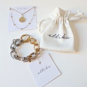Ettika 18k Gold Layering Necklaces & Mixed Metal Chain Link Bracelet NEW NWT